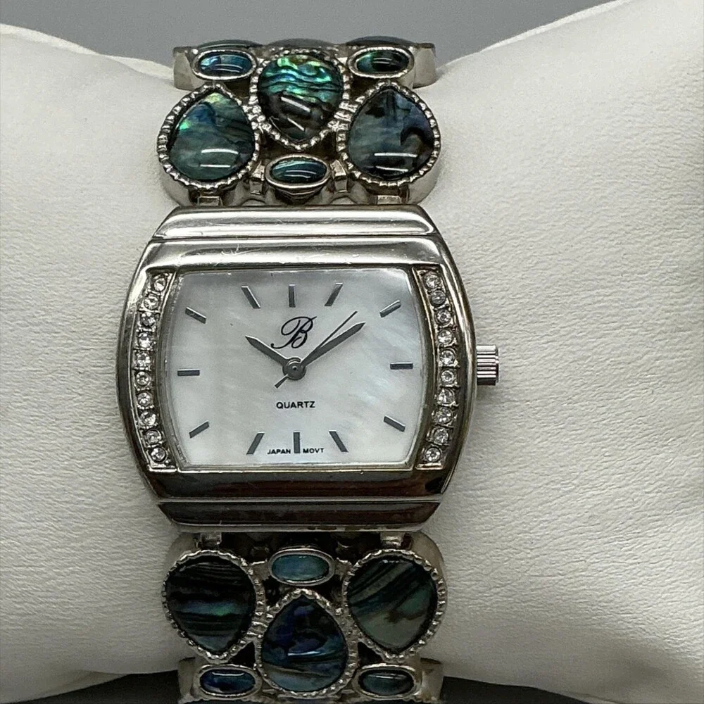 Abalone Womens Watch 30mm White Dial Silver Tone Gem Bracelet MOP Dial 7
